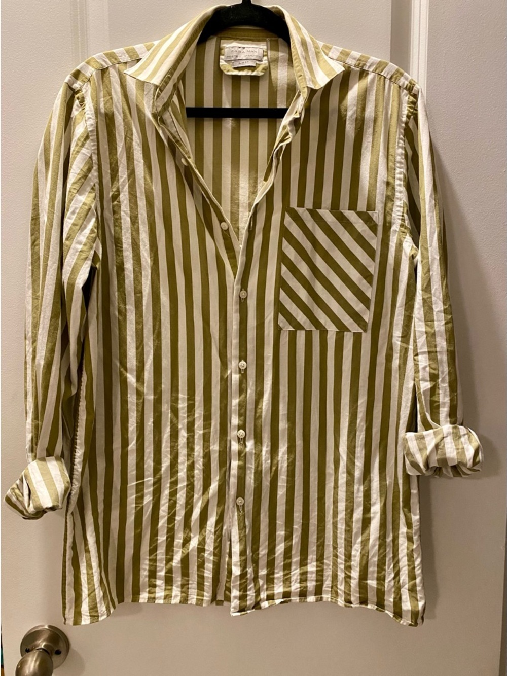 Zara Olive Green and White Vertical Stripe Men’s Shirt